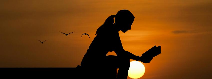 Vrouw leest boek bij zonsondergang